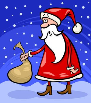 Cartoon Illustration of Funny Santa Claus or Papa Noel holding Very Small Sack with Christmas Presents