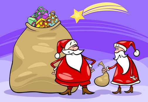 Cartoon Illustration of Funny Santa Claus or Papa Noel with Huge Sack Full of Christmas Presents and another Santa holding Very Small one