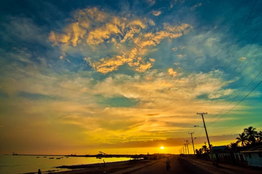 Sunrise in a coastal Colombian town.