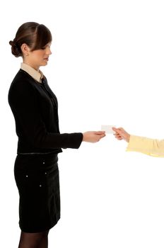 businesswoman giving her business card to the partners