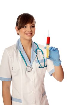 Woman holds in the hand syringe with a new antibiotic mixed with blood