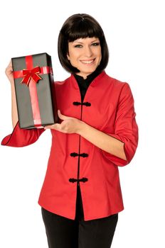 The happy woman dressed in Chinese style bought a gift at a discount