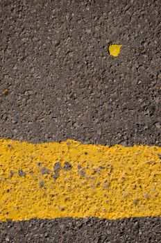 Asphalt closeup yellow line road markings and small birch leaf.