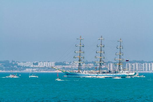 CADIZ, SPAIN - JUL 29: Russian Navy Ship, MIR setting sail on the Tall ship races 2012 on July 29 , 2012, in Cadiz , Spain