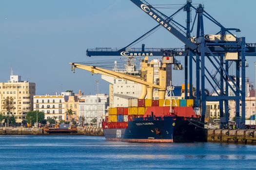 CADIZ, SPAIN - JUN 04: Cargo ship  Fesco Vladimir Mediterranea downloading at the harbor of Cadiz on Jun 04, 2012 in Cadiz, Spain