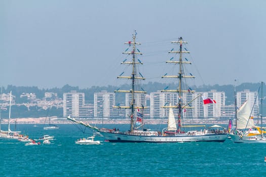 CADIZ, SPAIN - JUL 29: Polish Ship, Fryderyk Chopin setting sail on the Tall ship races 2012 on July 29 , 2012, in Cadiz , Spain