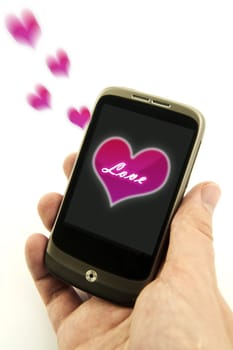 Hand holding phone with valentine love message. Pink hearts are flying from display