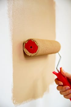 Roller with brown paint on the wall 