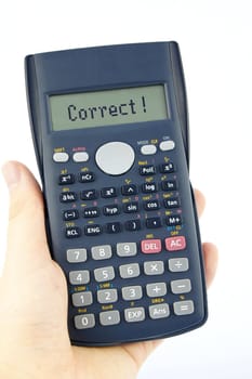 Correct answer on calculator's display isolated on white