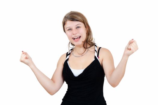 Winning success woman happy ecstatic celebrating being a winner. All on white Background.