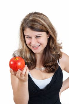 young brunette girl holding a apple on white background