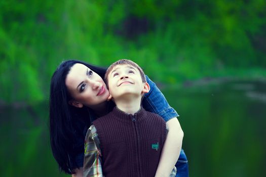 mother with her son looking up