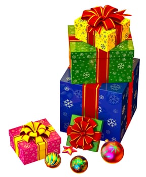 Christmas tree toys and set of pink, yellow, green and blue boxes ornamented with the snowflakes and decorated by red bows as gifts