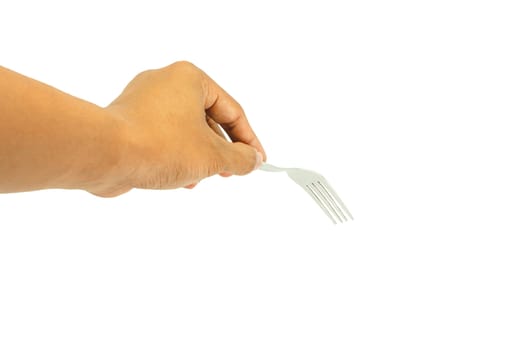 man hand with fork isolated on white background