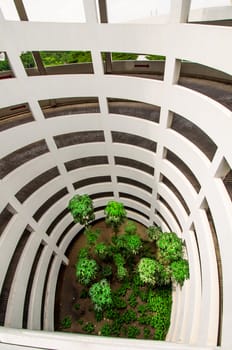 Green garden in car park building,between spiral ramp