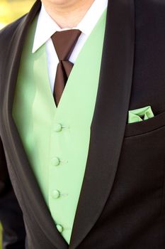 A man's suit jacket vest and tie in brown and green.