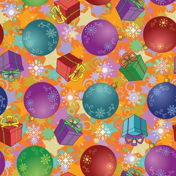 Seamless Christmas holiday background: balls, gift boxes, snowflakes and stars. Vector