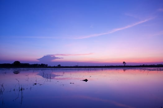 beautiful colourful sunset and blue sky on the Lake