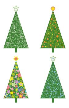 Set Christmas holiday trees with patterns and cartoons. Isolated on white background. Vector eps10, contains transparencies