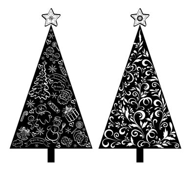 Christmas holiday trees, black silhouette on white background, with outline floral pattern and cartoons