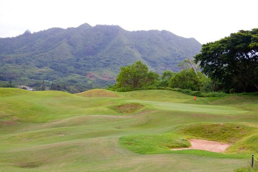 A great tropical golf course on oahu hawaii in the middle of a rainforest with magnificent greens and well manicured fairways.