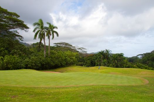 A great tropical golf course on oahu hawaii in the middle of a rainforest with magnificent greens and well manicured fairways.