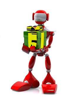 3d illustration robot with a gift on white background