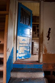 An entryway with an old blue door damaged by dogs leading into an abandoned home.