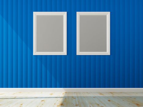 Blue wall color and white frame of interior, 3d rendering