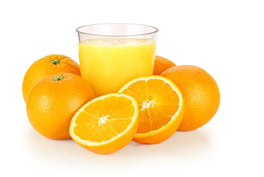 Fresh orange juice and oranges over a white background with shadow. Clipping path included.