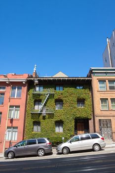 Ivy covers a building with two vehicles parked out front in downtown San Francisco.