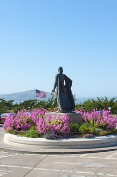 A statue at the historic Coit Tower in downtown San Francisco is a historical landmark for the city.