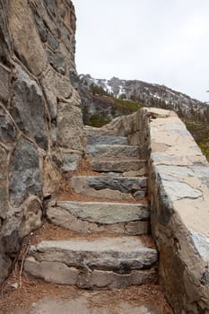 Stairs made up of rocks carved into the mountain at Lake Tahoe California.