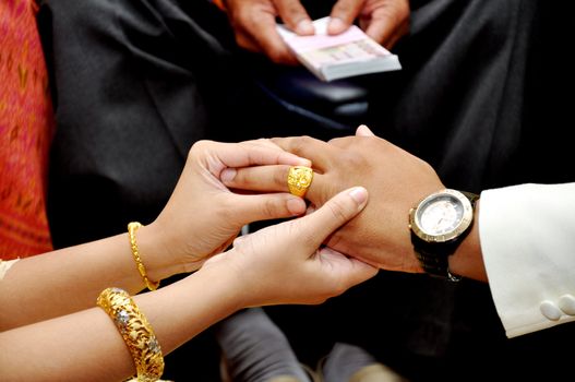 Bride wears wedding gold ring groom. only their hands in frame