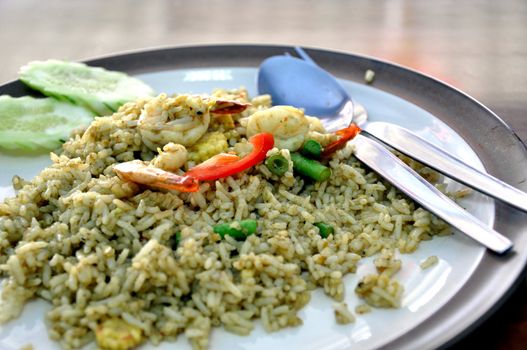 Asian seafood fried rice , close up