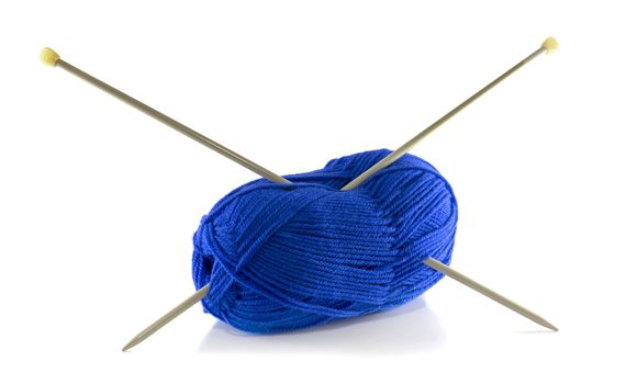 knitting needles and blue wool isolated on white