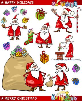 Cartoon Illustration of Santa Claus or Papa Noel with Sack of Gifts, Sock and Cane and other Christmas Themes set