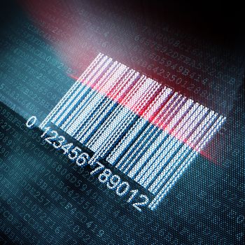 Pixeled barcode illustration on digital screen, 3d render