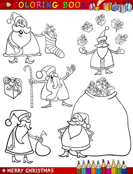 Coloring Book or Page Cartoon Illustration of Christmas Themes with Santa Claus or Papa Noel and Xmas Decorations and Characters