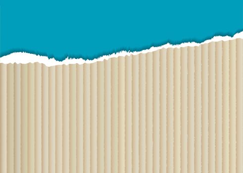 corrugated cardboard background with torn edge and blue paper