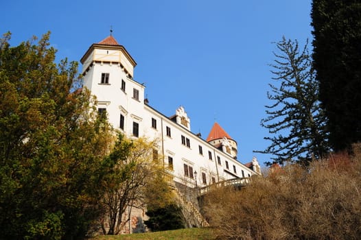Panorama of the Konopiste Castle over blue sky during the spring day