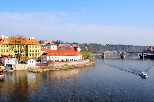 The view of Old Prague from the Charles Bridge on a sunny day