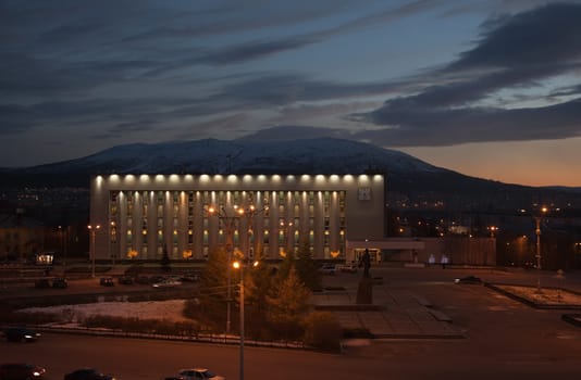 Monchegorsk  at dusk. The city center. Winter