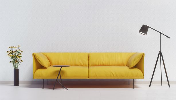 Yellow couch against a white wall with a lamp and flowers