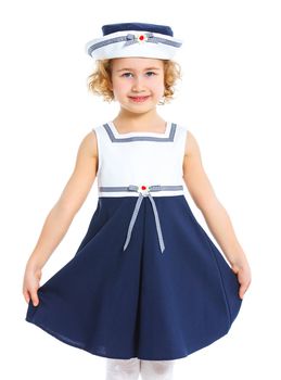 Portrait of smile little girl in cute hat on white background
