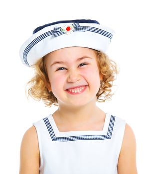 Portrait of smile little girl in cute hat on white background