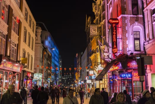LONDON, UK - NOVEMBER 05: Night shot of illumined buildings in Chinatown, the main Chinese commercial district in the city. November 05, 2012 in London.