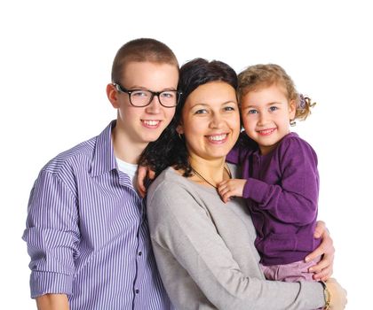 Portrait of happy mother and her child smiling together on white background