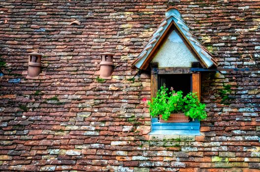 Old orange vintage retro brick roof with window and flowers