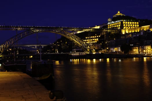 A view of Ancient city Porto, Dom Luis Bridge at night